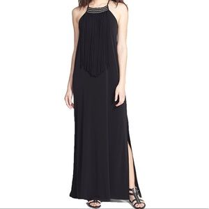 Michael Michael Kors black beaded side slit fringe maxi dress XL